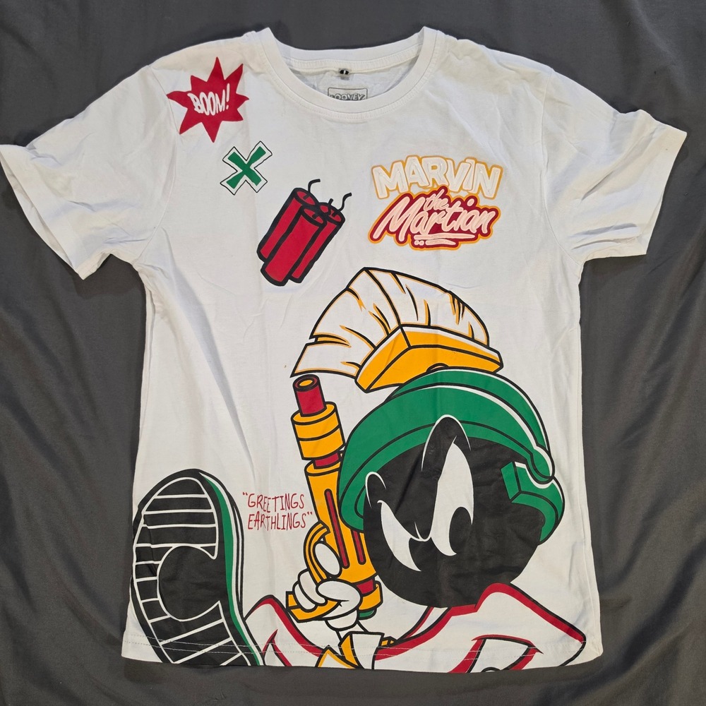 Looney Tunes Marvin the Martian White Graphic T-Shirt Kids Medium 10-12 Puff
